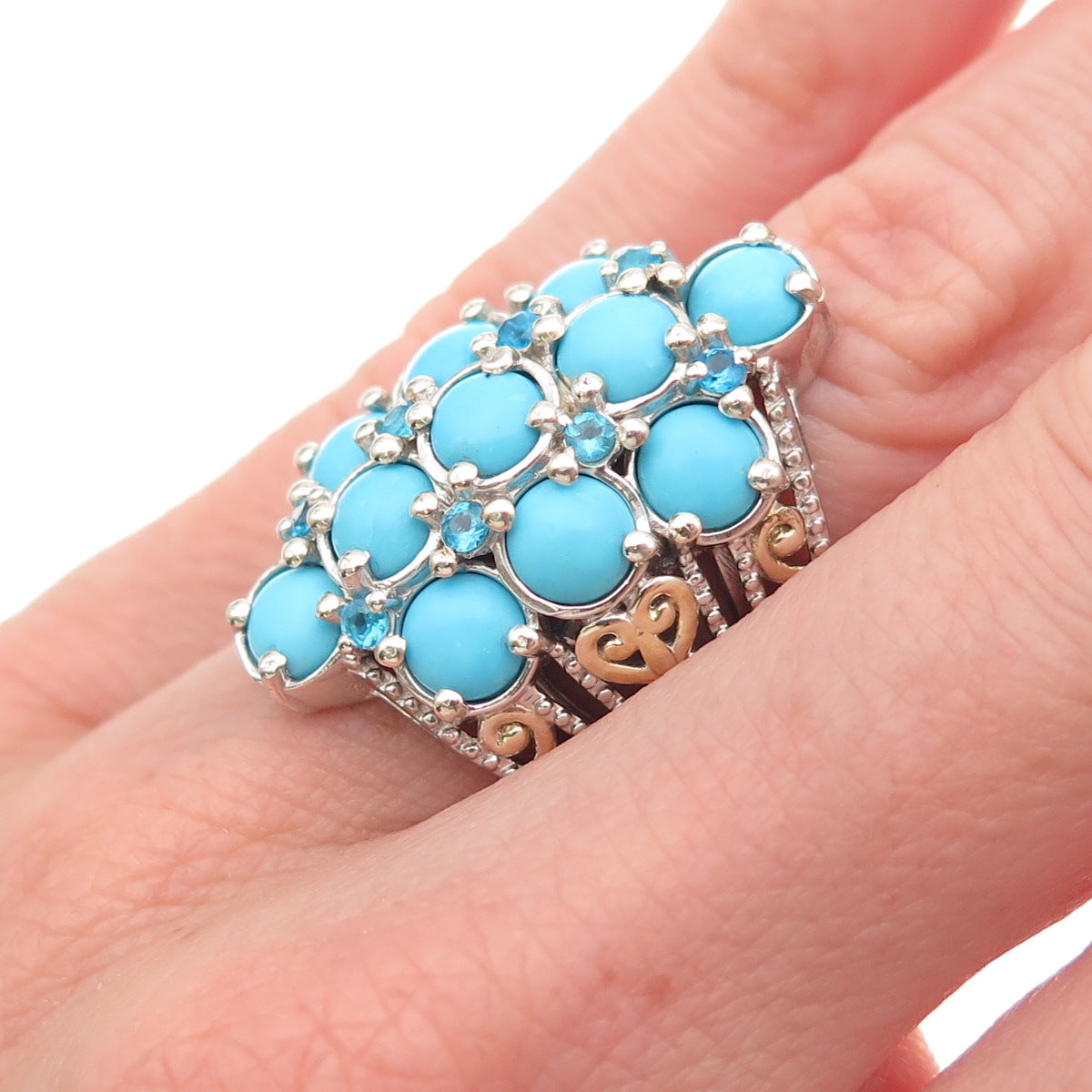 Chuck Clemency 925 Sterling Silver 2-Tone Real Turquoise Apatite Ring Size 5.25