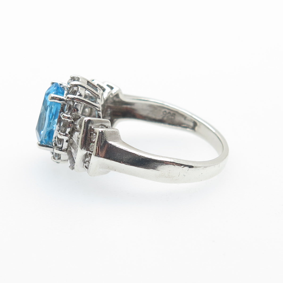 925 Sterling Silver Real Diamond Swiss Blue & White Topaz Ring Size 7