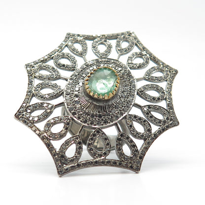 925 Sterling Silver Vintage Black Diamond & Green Tourmaline Gem Ring Size 7.75