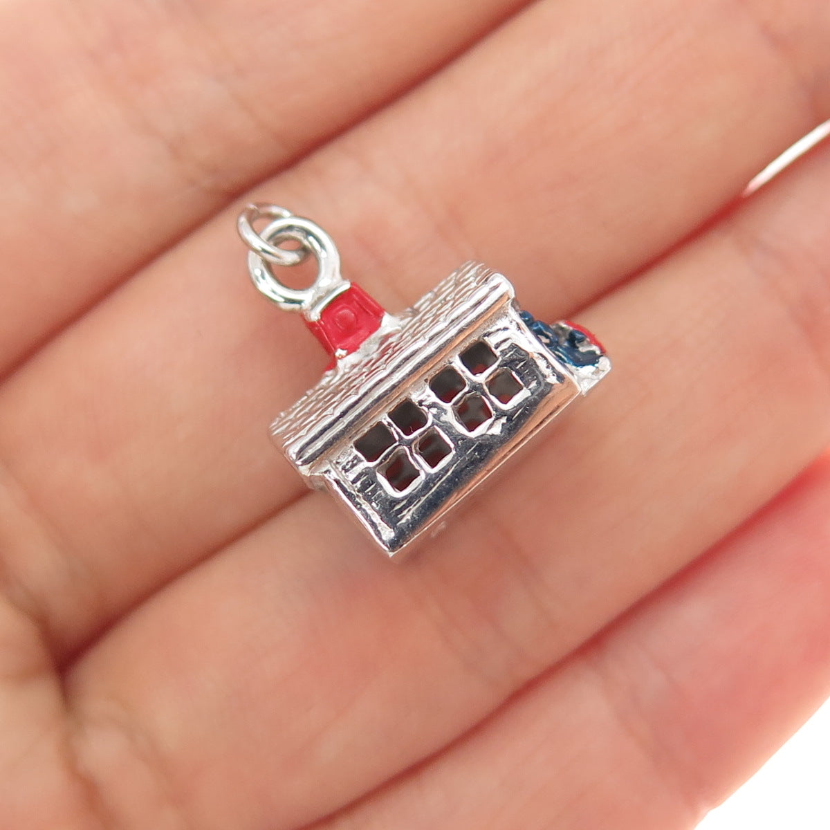 925 Sterling Silver Antique Art Deco Enamel House Minimalist 3D Charm Pendant