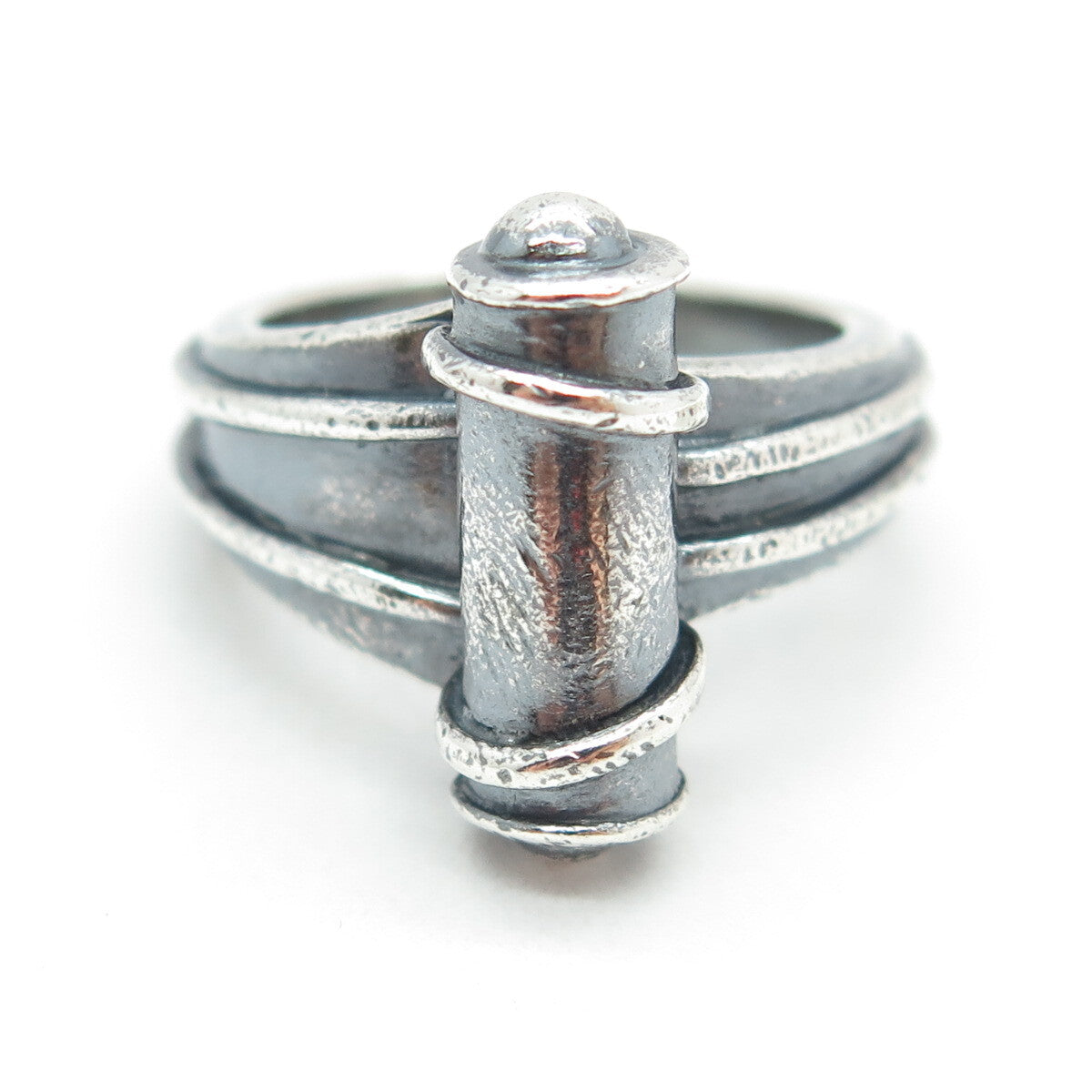 SMS 925 Sterling Silver Vintage Modernist Scroll Oxidized Ring Size 6.75