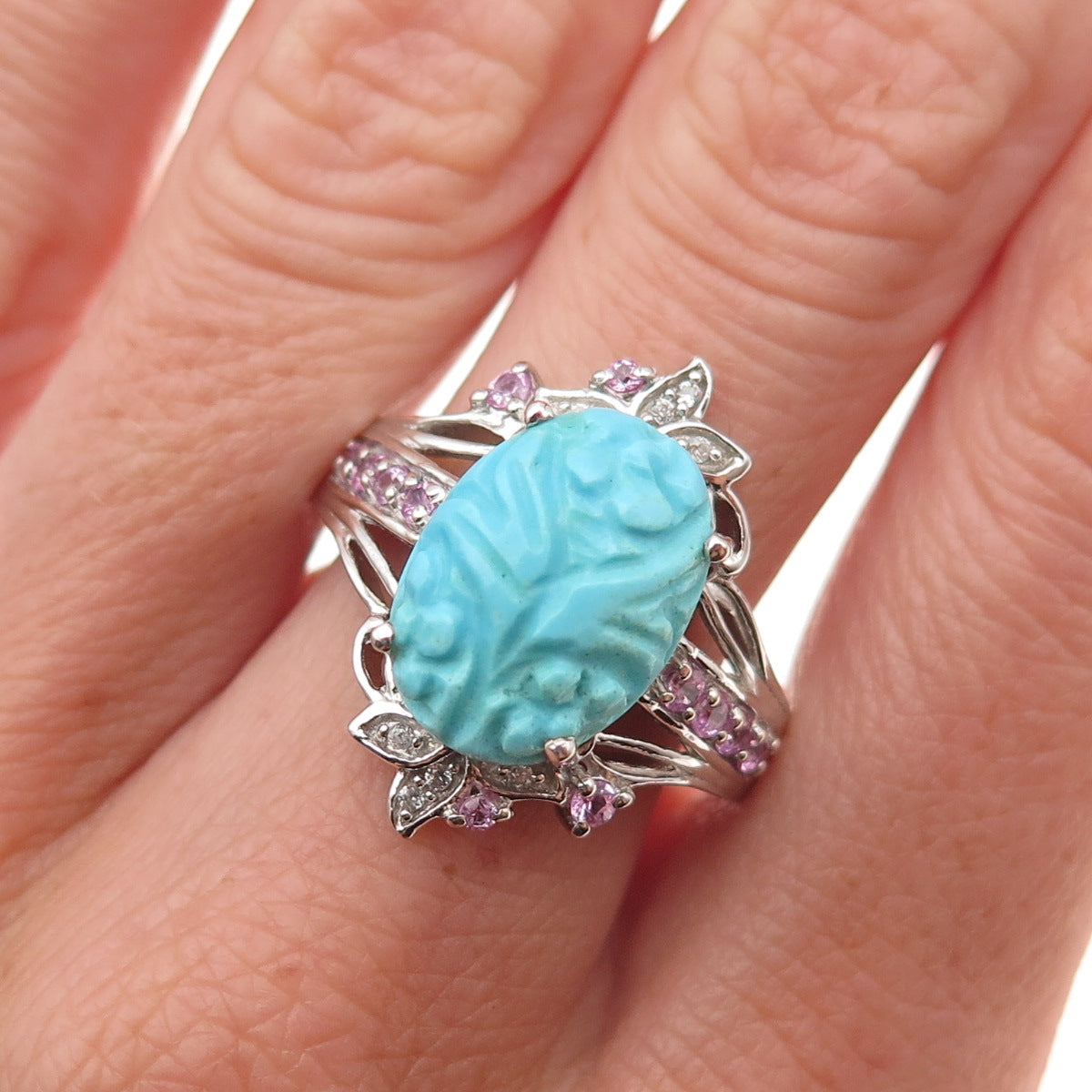 Chuck Clemency 925 Sterling Real Turquoise Pink & White Topaz Floral Ring Size 8