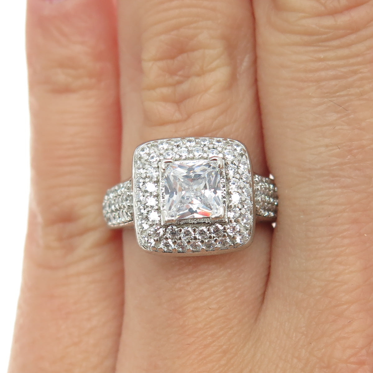 925 Sterling Silver Princess & Round-Cut C Z Engagement Ring Size 6.5