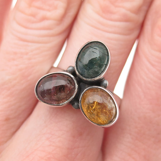 925 Sterling Silver Vintage Real Multi-Color Tourmaline Modernist Ring Size 8.25