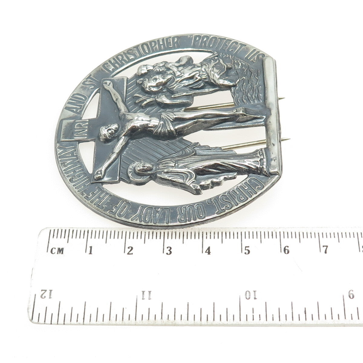 HAYWARD 925 Sterling Silver Antique Crucifix St Mary & Christopher Religious Pin
