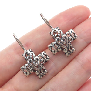 SX SALLY C 925 Sterling Silver Vintage Ornate Cross Oxidized Dangle Earrings
