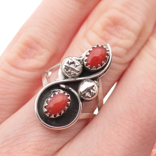 Old Pawn 925 Sterling Silver Vintage Southwestern Coral Oxidized Ring Size 5.5