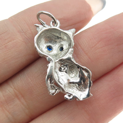 925 Sterling Silver Antique Art Deco Round-Cut Blue C Z Kitty Cat Charm Pendant