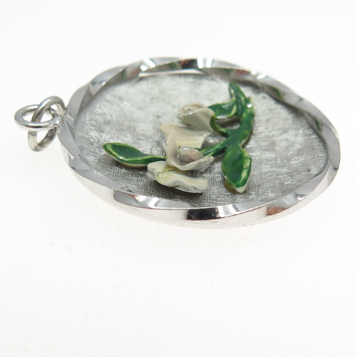 WELLS 925 Sterling Silver Vintage Enamel Flower Round Pendant