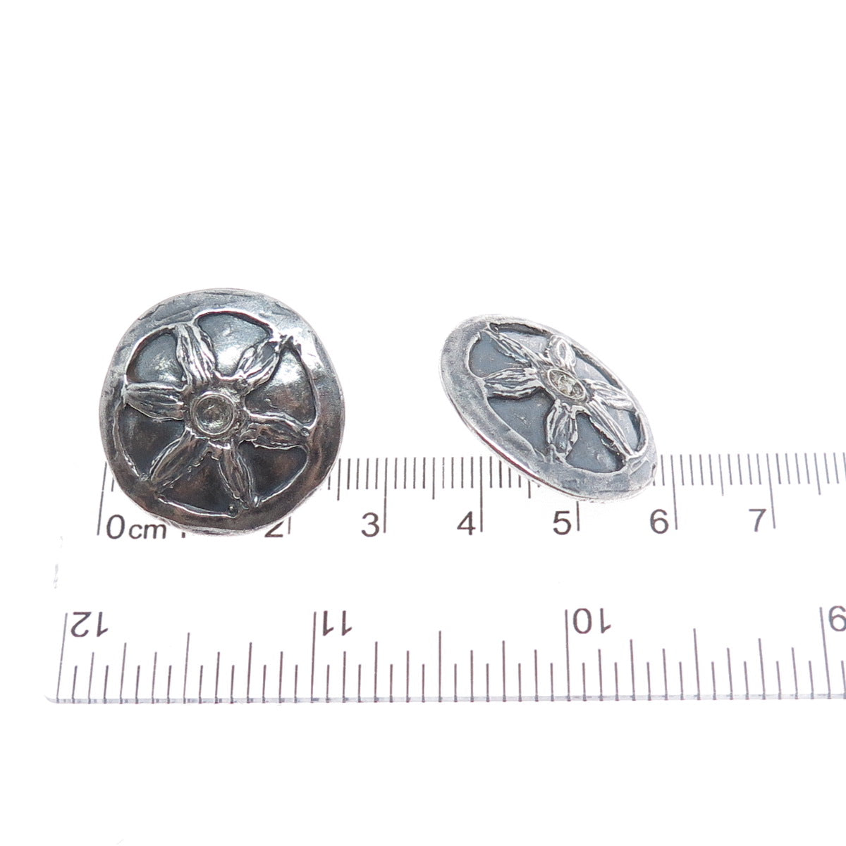 925 Sterling Silver Vintage Modernist Flower Disc Oxidized Earrings