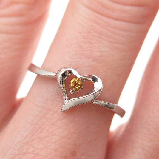 925 Sterling Silver Real Round-Cut Citrine Heart Ring Size 6.25