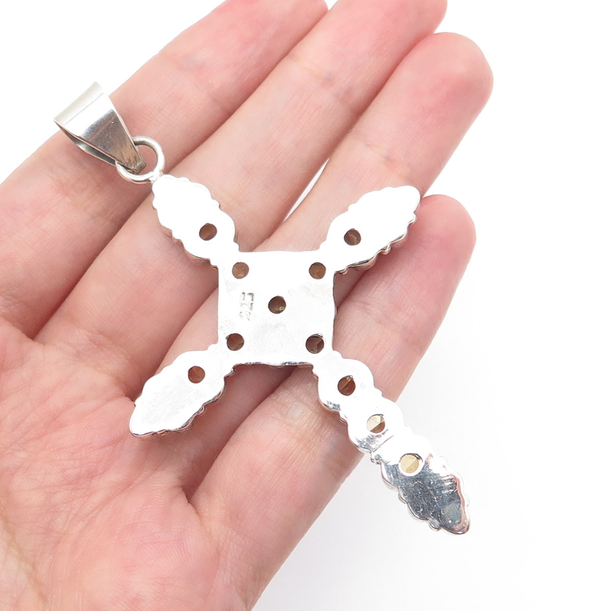 925 Sterling Silver Vintage Real Multi-Cut Citrine Cluster Cross Pendant
