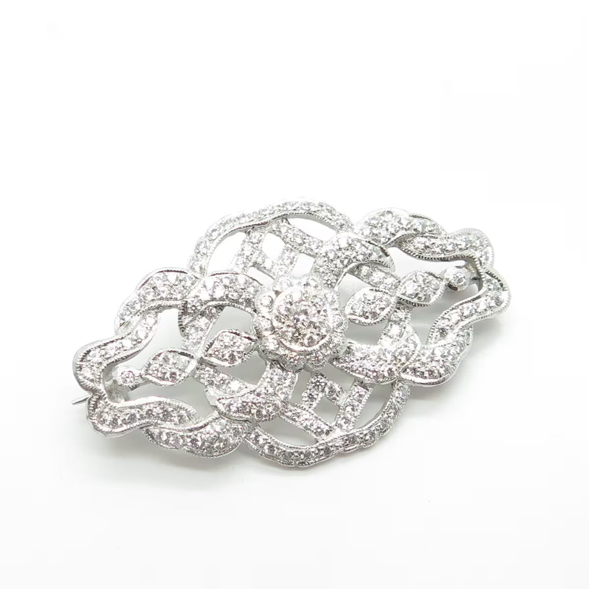 925 Sterling Silver White C Z Floral Vines Pin Brooch