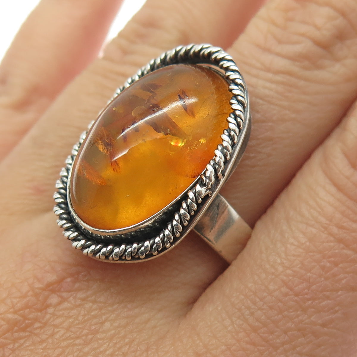 925 Sterling Silver Vintage Real Baltic Amber Modernist Ring Size 11