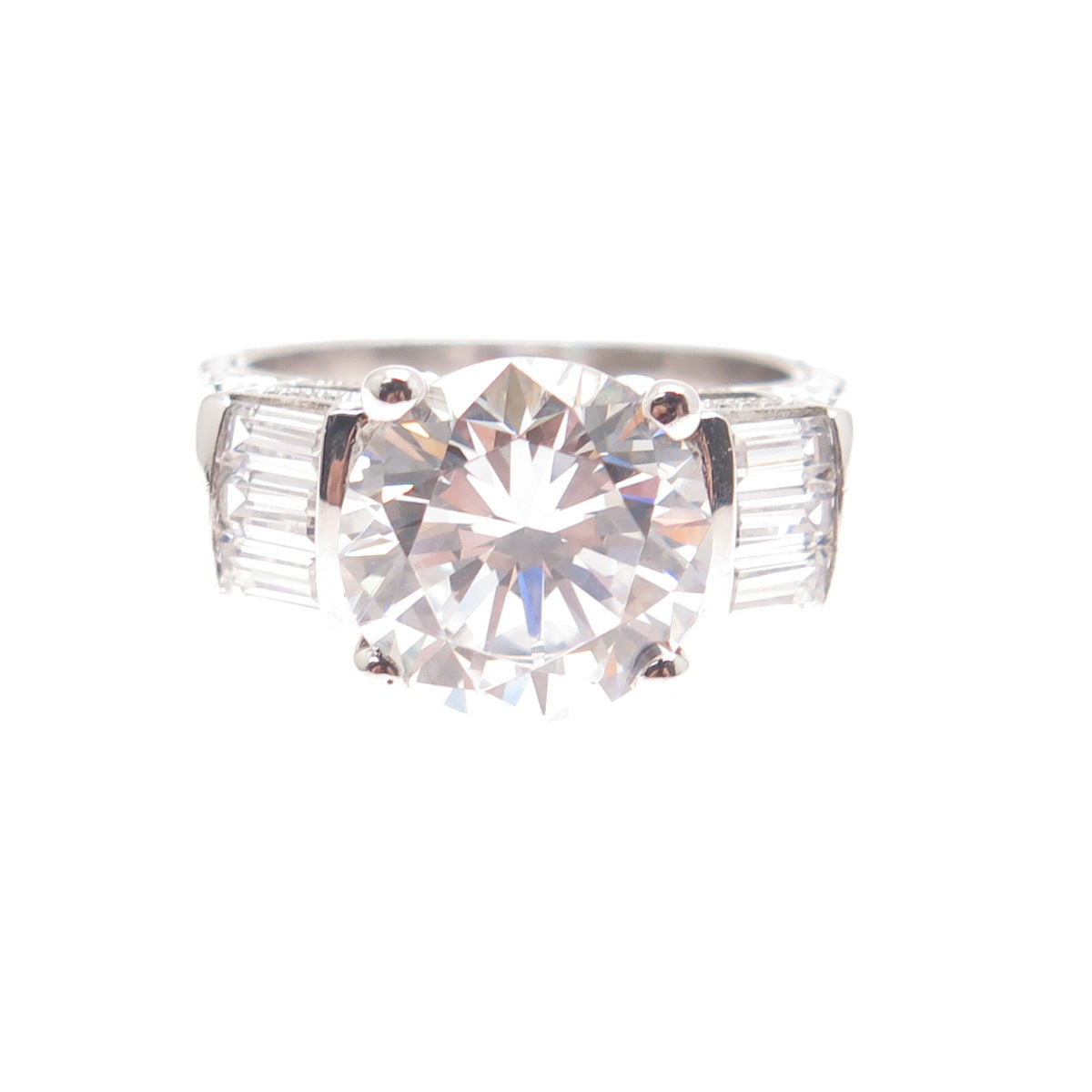 GSJ GOLD STONE 925 Sterling Round & Baguette-Cut C Z Engagement Ring Size 7.25