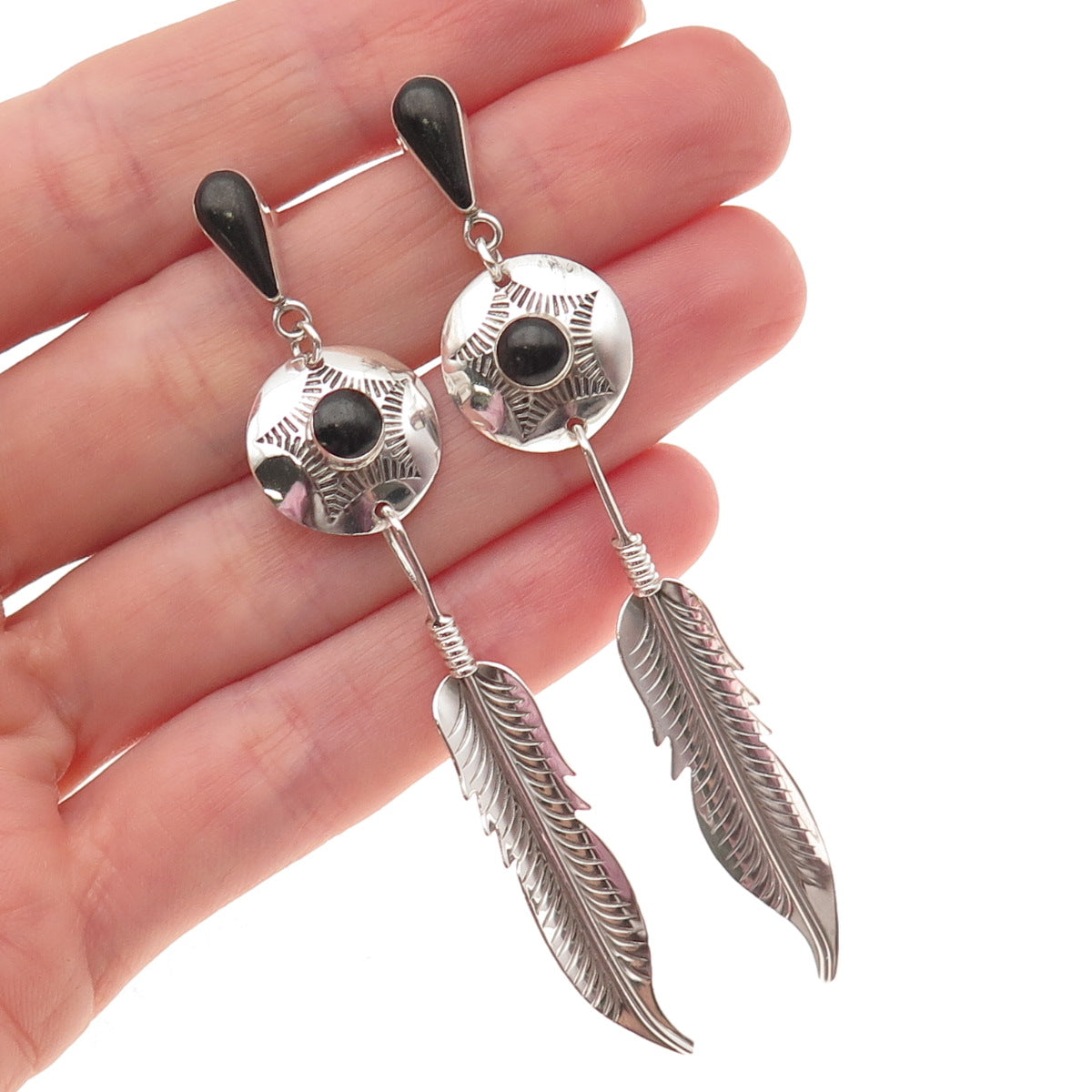Old Pawn 925 Sterling Silver Vintage Black Onyx Concho Feather Dangle Earrings