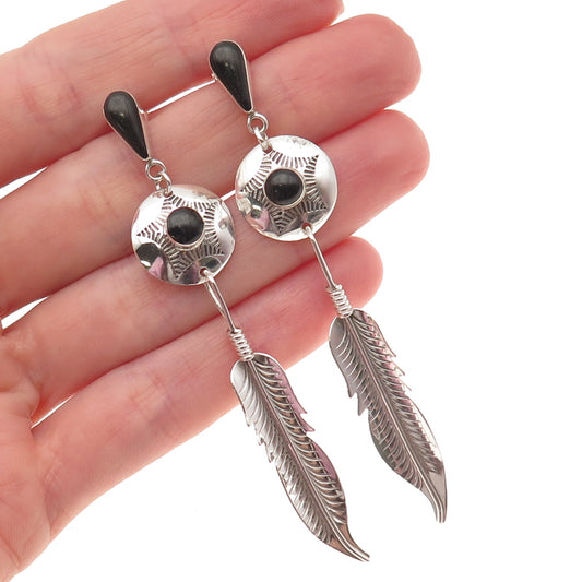 Old Pawn 925 Sterling Silver Vintage Black Onyx Concho Feather Dangle Earrings