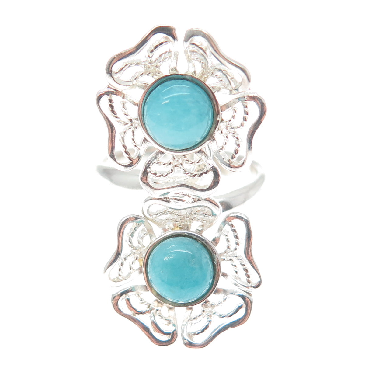 RIDER 950 Silver Vintage Real Turquoise Flower Blossom Bypass Ring Size 7