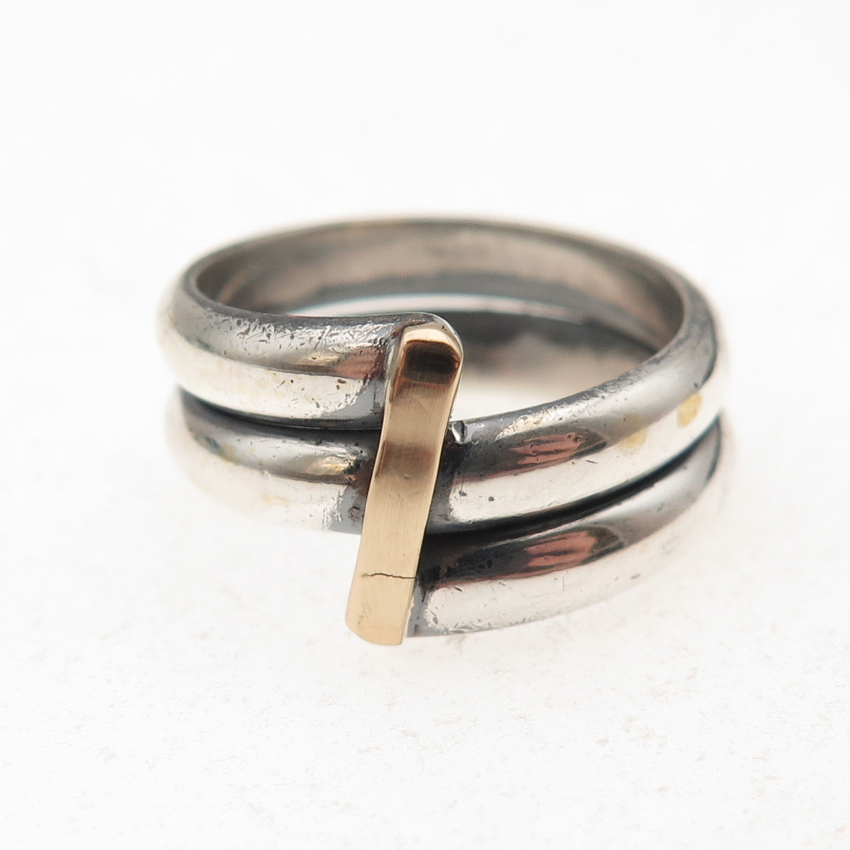 925 Sterling Silver 14K Gold Vintage Modernist Bypass Oxidized Ring Size 6.75