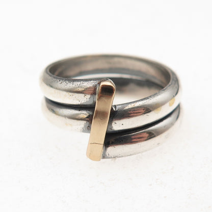 925 Sterling Silver 14K Gold Vintage Modernist Bypass Oxidized Ring Size 6.75