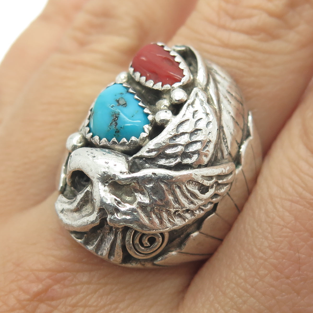 REX ABEITA NAVAJO Old Pawn Sterling Silver Turquoise & Coral Eagle Ring Size 11