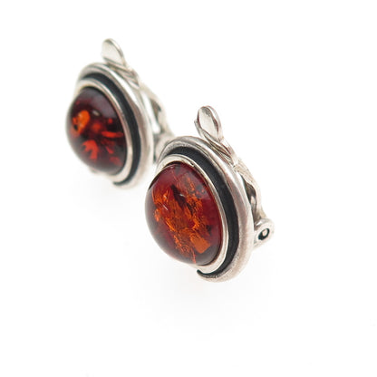 925 Sterling Silver Vintage Real Amber Oxidized Clip On Earrings