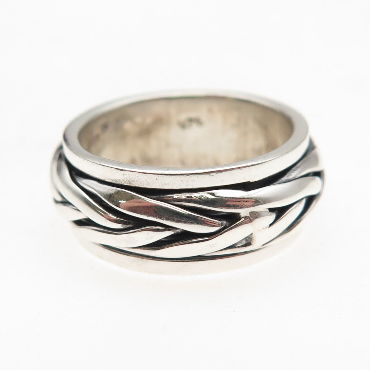925 Sterling Silver Vintage Braided Oxidized Rotating Band Ring Size 7.75