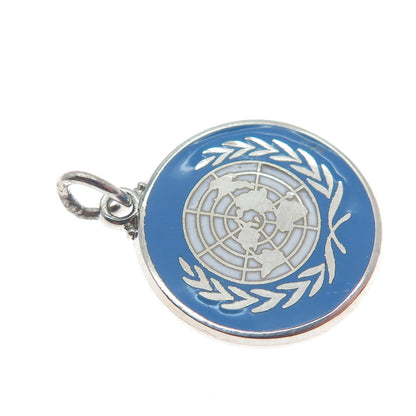 925 Sterling Silver Vintage Enamel United Nations Minimalist Charm Pendant