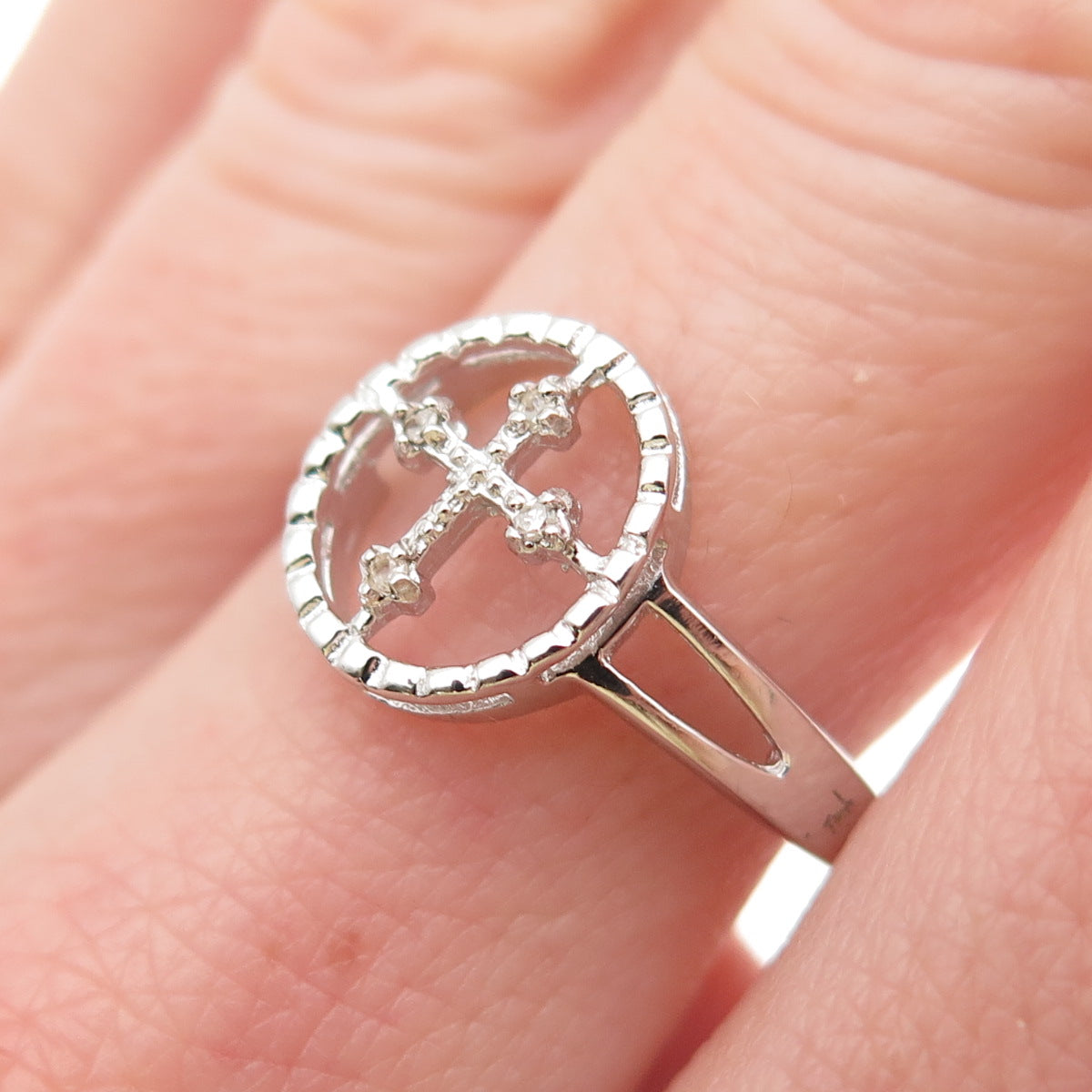 925 Sterling Silver Real Round-Cut Diamond Cross Ring Size 7