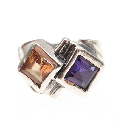 925 Sterling Silver Vintage Lab-Created Multi-Sapphire Modernist Ring Size 6.5