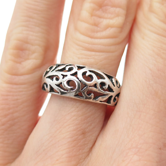 925 Sterling Silver Vintage Floral Swirl Oxidized Ring Size 6