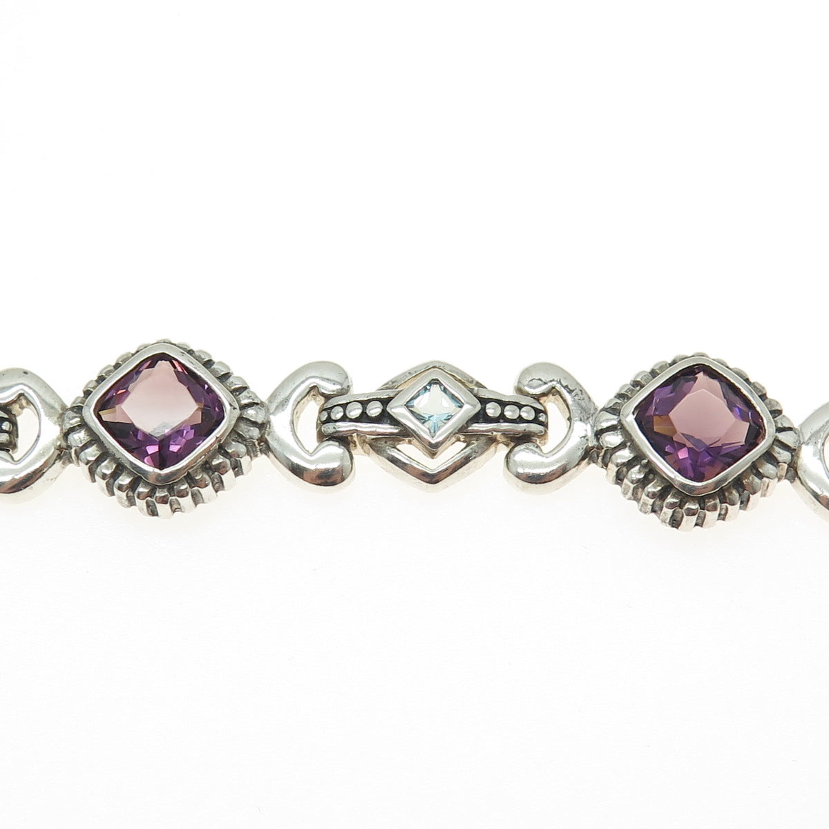 925 Sterling Silver Real Cushion-Cut Amethyst & Aquamarine Bracelet 7.25"