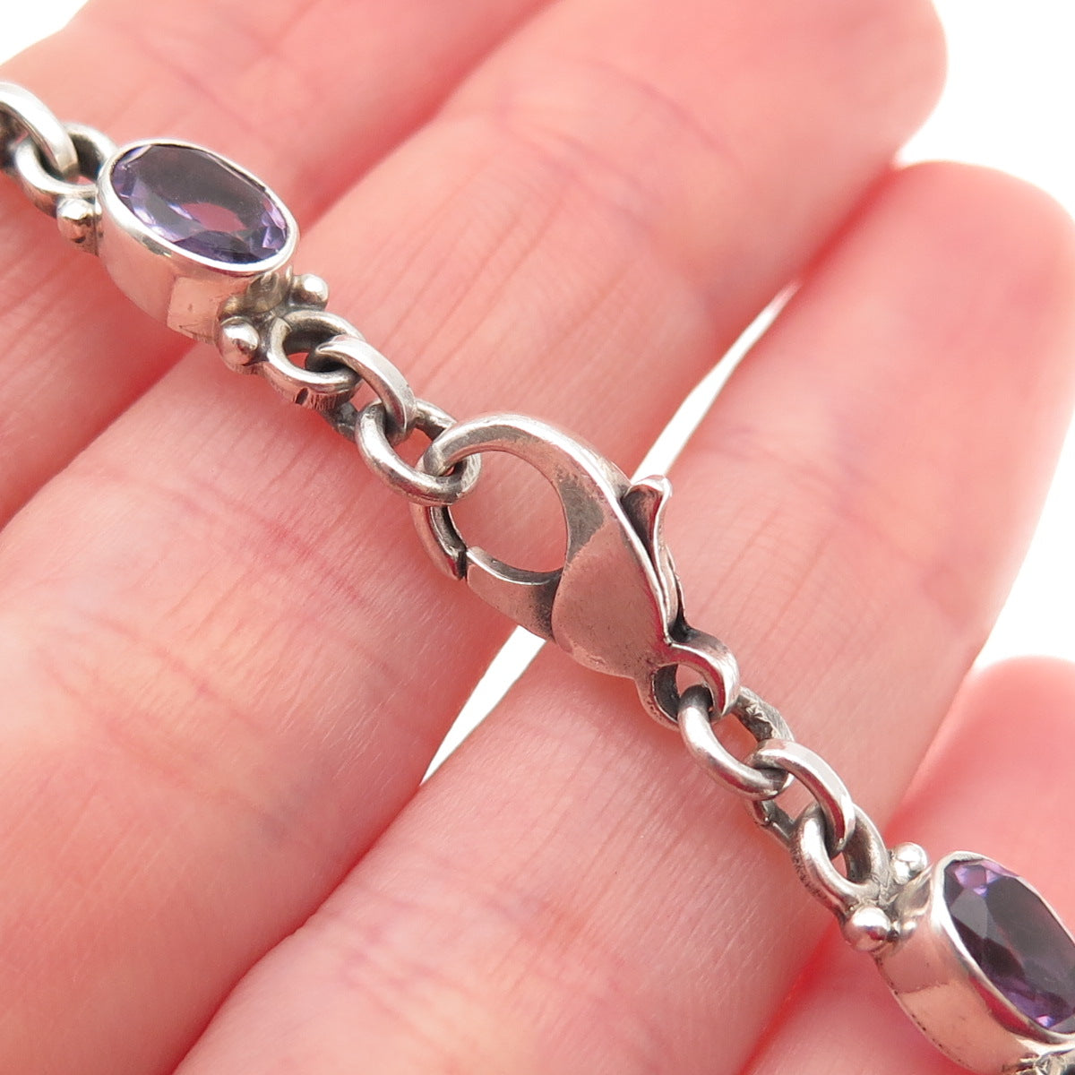NICKY BUTLER 925 Sterling Silver Vintage Real Oval-Cut Amethyst Bracelet 7.25"