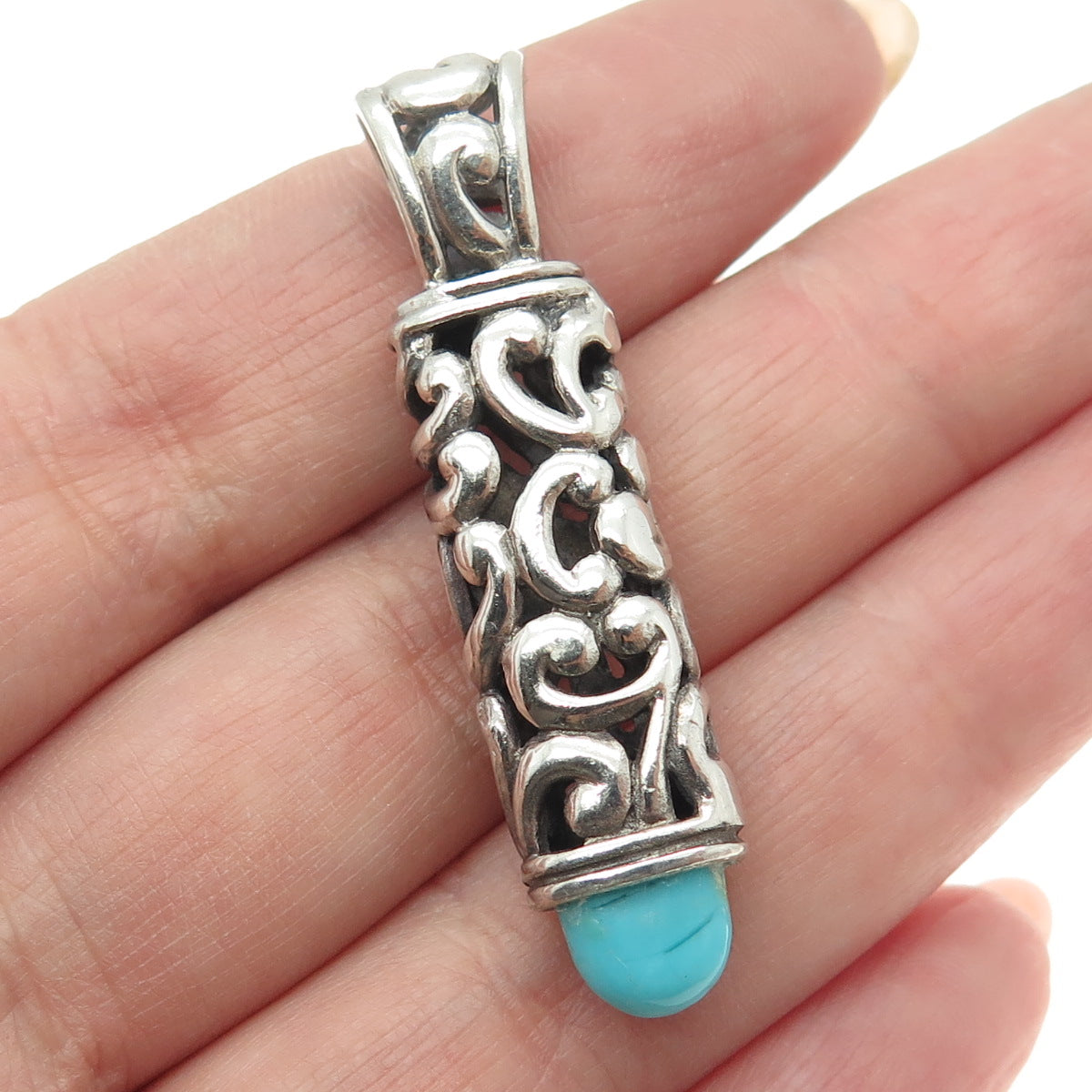 BARSE 925 Sterling Silver Vintage Real Turquoise Scroll Oxidized Pendant