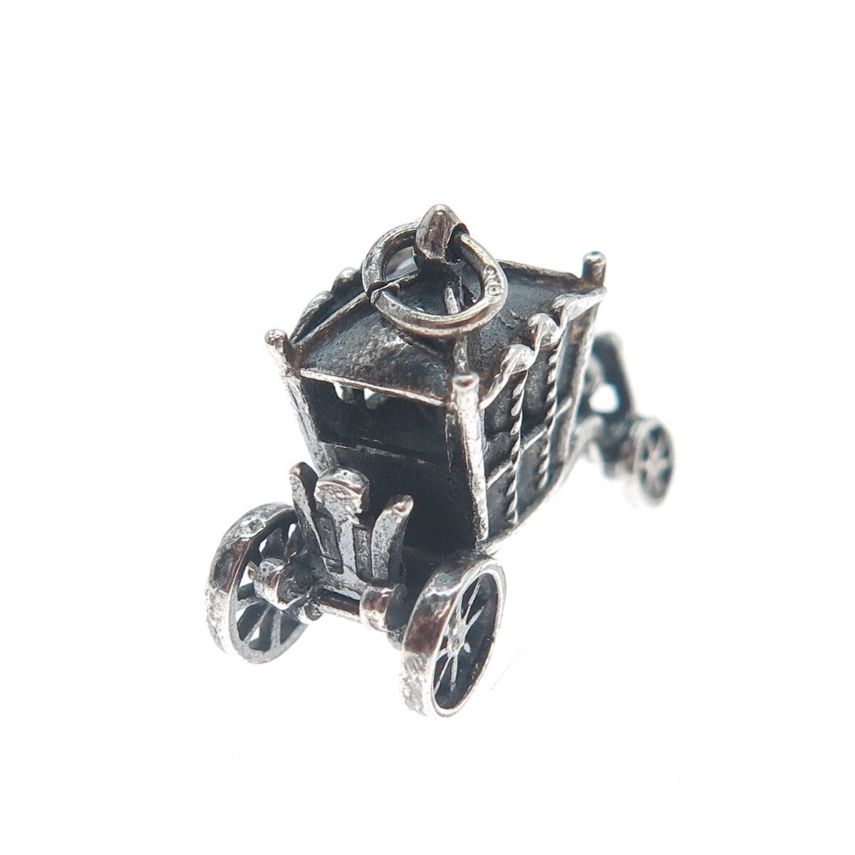 925 Sterling Silver Vintage Carriage Oxidized Minimalist 3D Charm Pendant