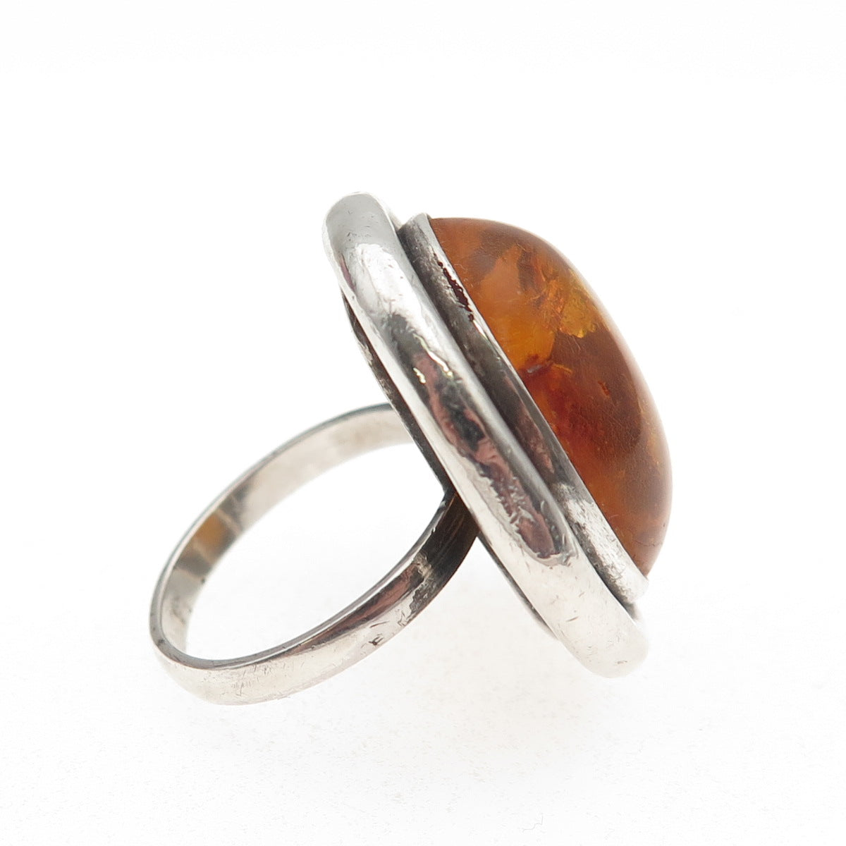 925 Sterling Silver Vintage EK Poland Real Amber Modernist Ring Size 6.75