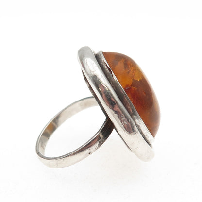 925 Sterling Silver Vintage EK Poland Real Amber Modernist Ring Size 6.75