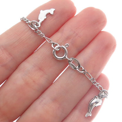 925 Sterling Silver Italy Dolphin Charms Figaro Link Bracelet 7"