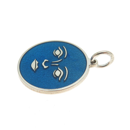 925 Sterling Silver Blue Enamel Moon Face Round Tag Minimalist Charm Pendant