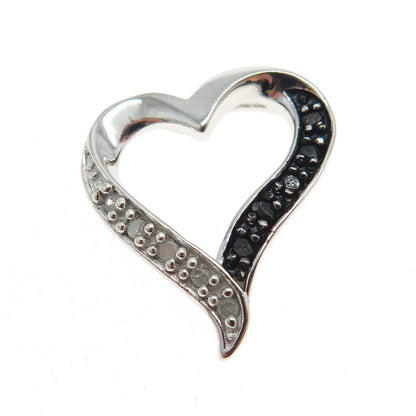 925 Sterling Silver Real Round-Cut Black & White Diamond Heart Slide Pendant