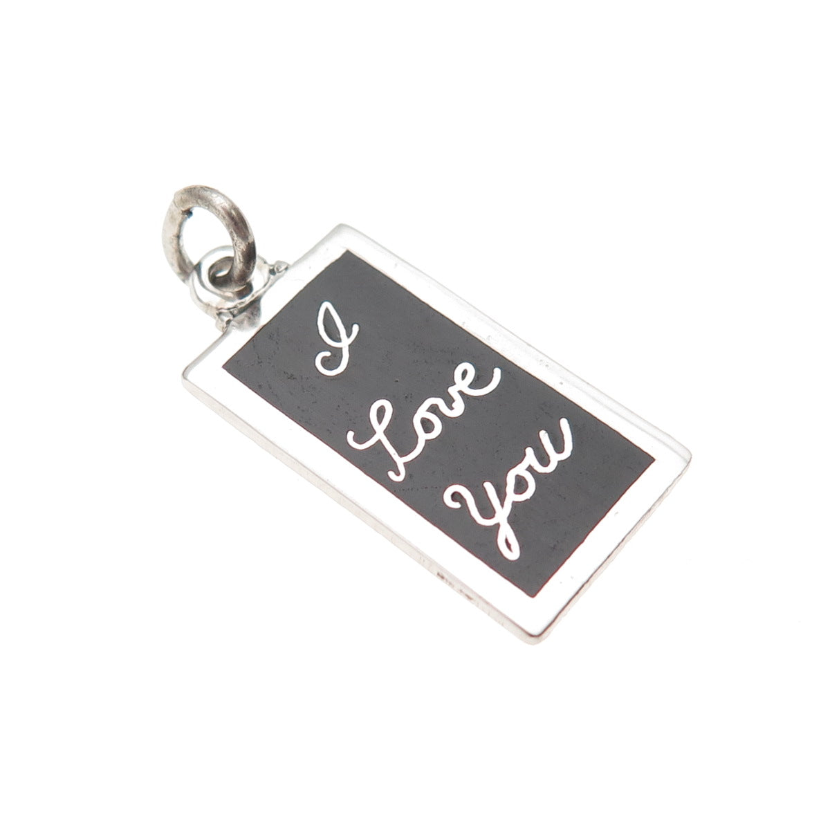 925 Sterling Silver Vintage Black Enamel I Love You Charm Pendant