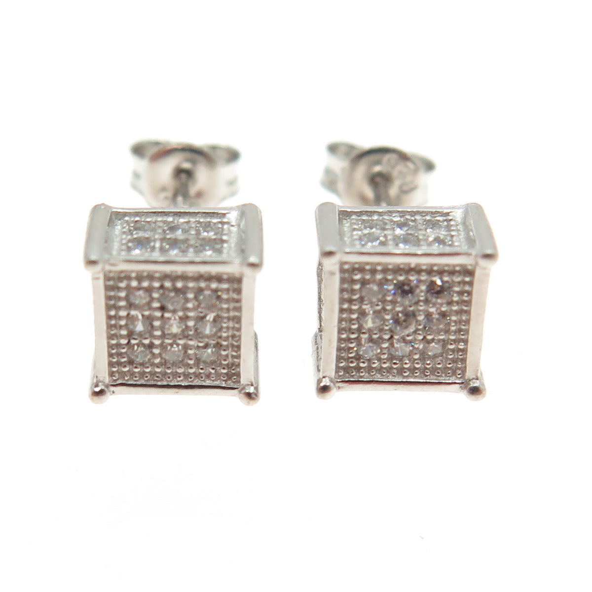 925 Sterling Silver Pave C Z Square Stud Earrings