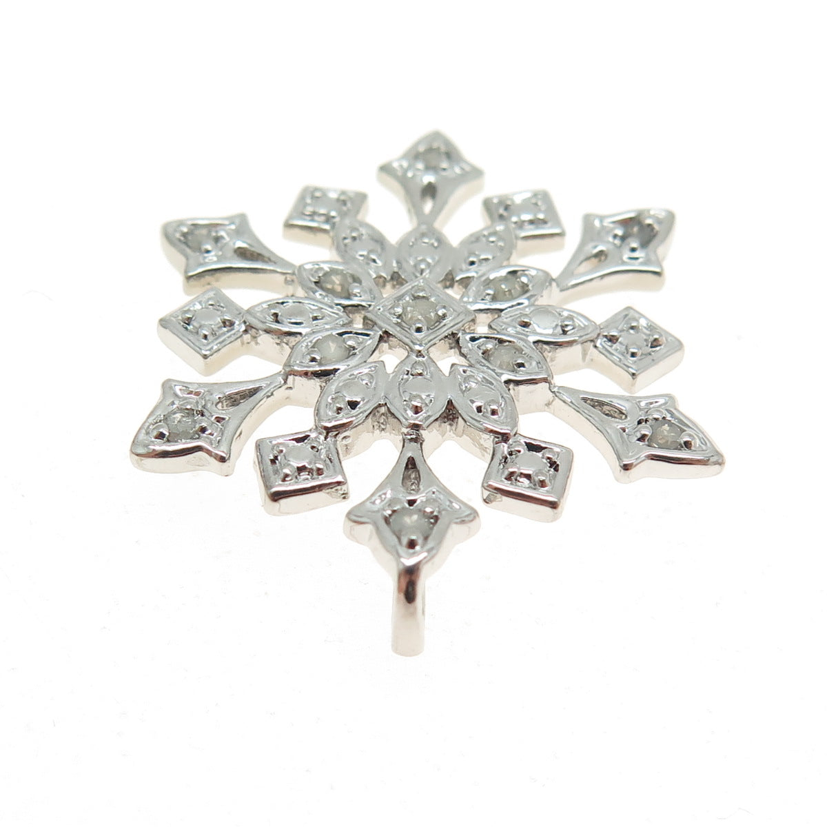 925 Sterling Silver Real Round-Cut Diamond Snowflake Pendant