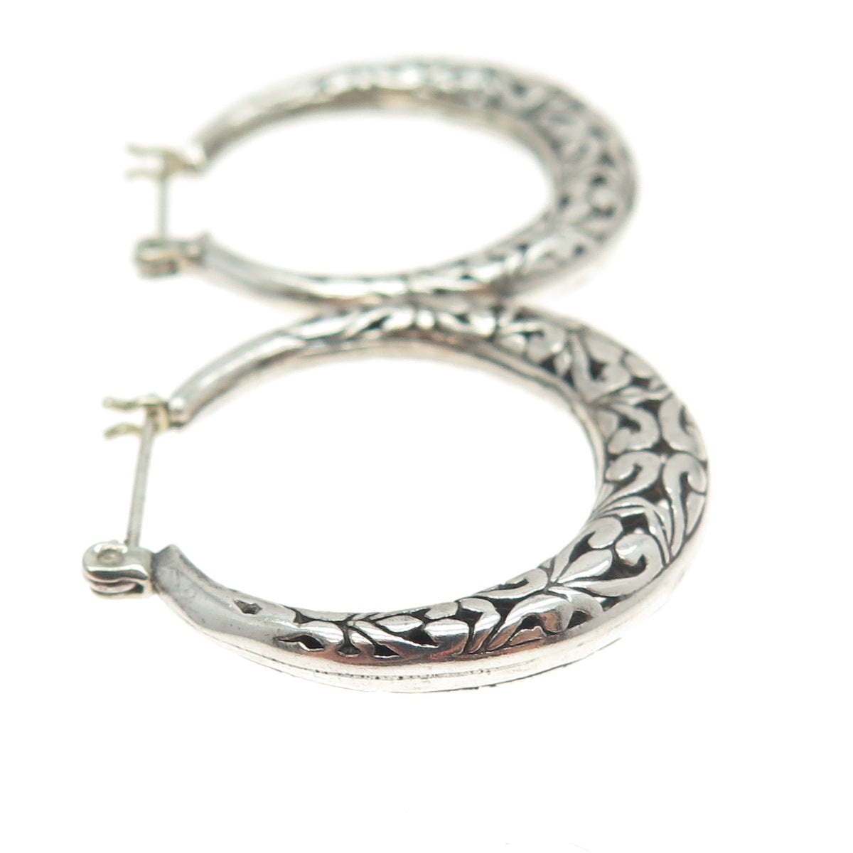 925 Sterling Silver Vintage Ornate Hinged Hoop Earrings