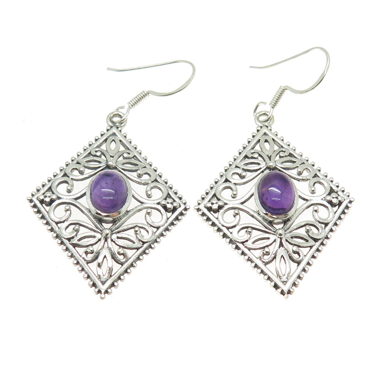 925 Sterling Silver Vintage Real Amethyst Flower Oxidized Dangle Earrings