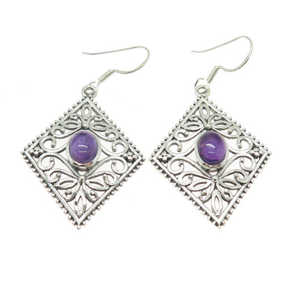 925 Sterling Silver Vintage Real Amethyst Flower Oxidized Dangle Earrings
