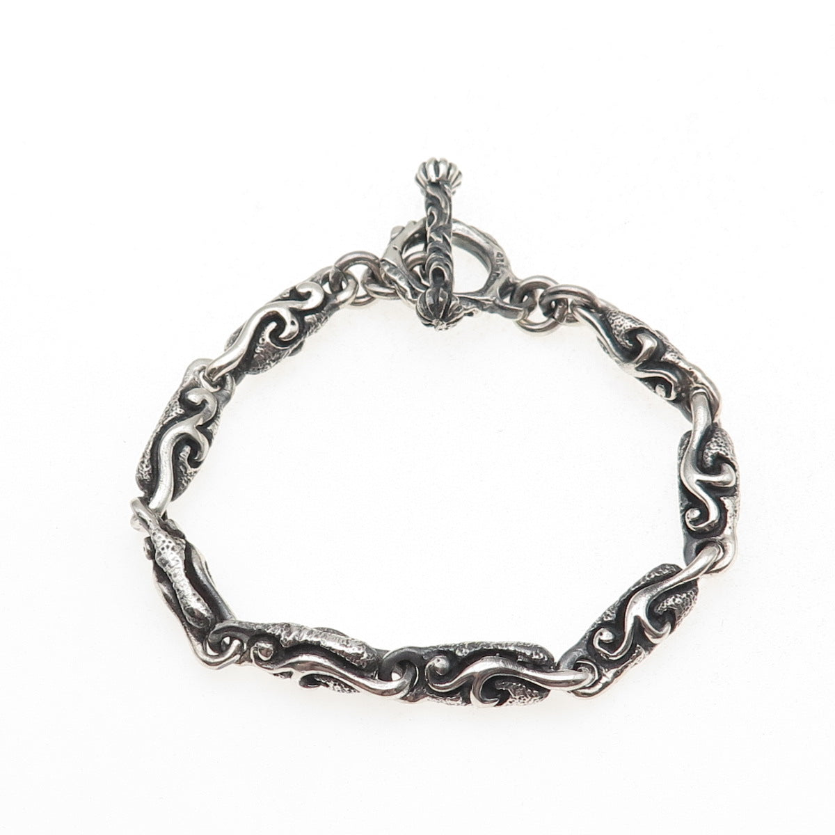 925 Sterling Silver Vintage Mexico Modernist Scroll Oxidized Link Bracelet 6.75"
