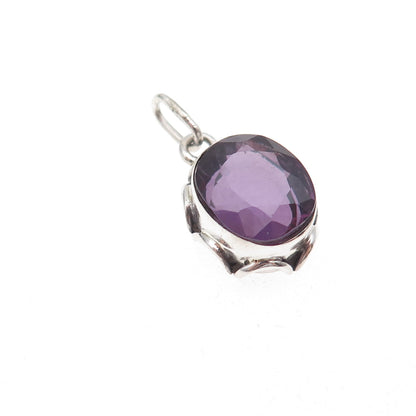 925 Sterling Silver Vintage Lab-Created Peacock Sapphire Oxidized Charm Pendant