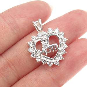 HAN 925 Sterling Silver Round-Cut C Z "Mom" Heart Pendant
