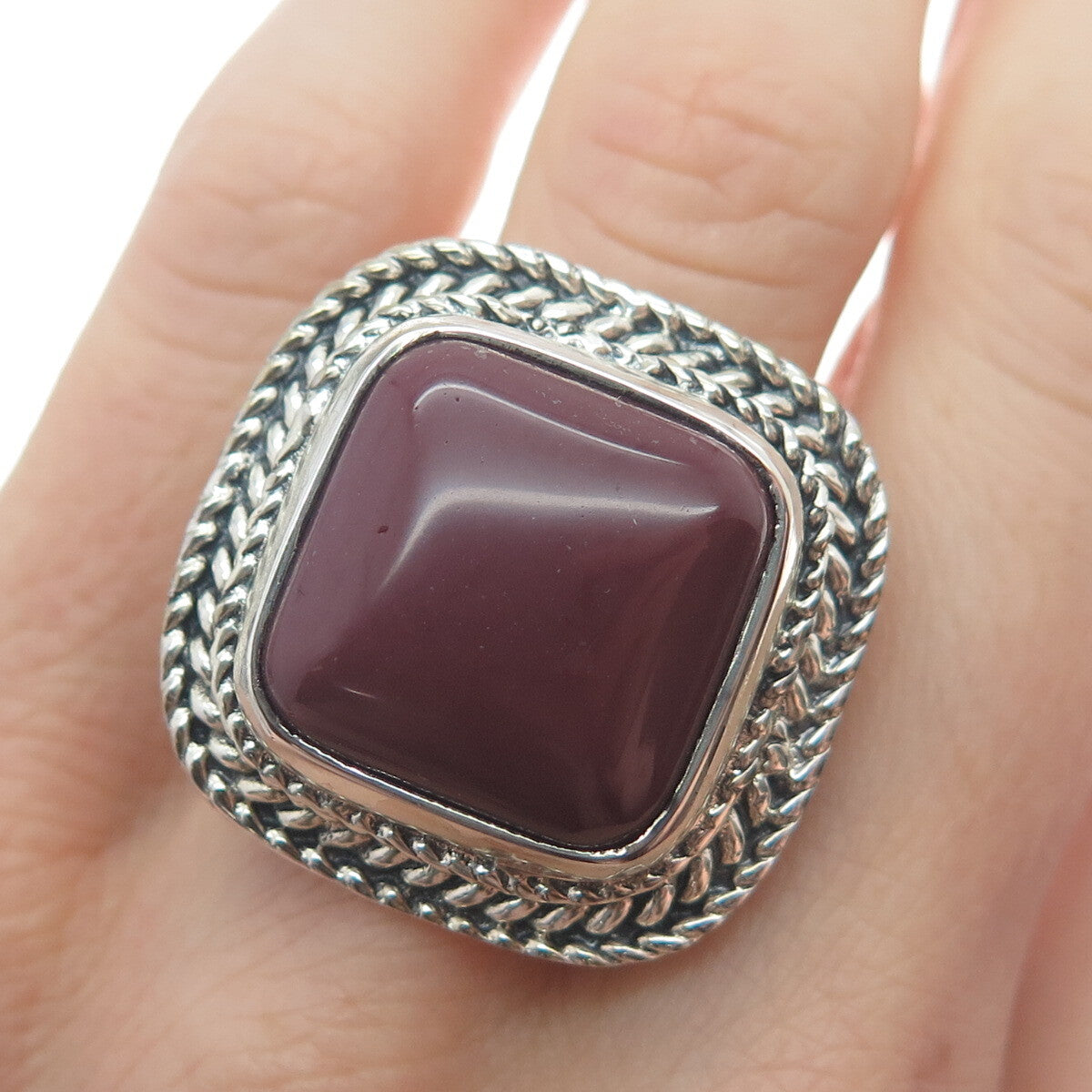 925 Sterling Silver Vintage Real Cushion-Cut Purple Jasper Oxidized Ring Size 8